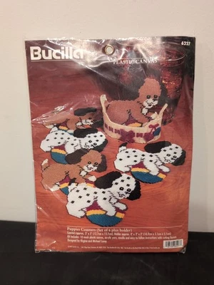 Bucilla 6227 PUPPIES COASTERS Plastic Canvas Set of 6 plus Holder - Image 1 of 2