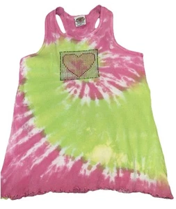 Girls Tye-Dye Tank Top Crystal/ Studs Heart Rhinstones Sz 5/6 Green Pink - Picture 1 of 8