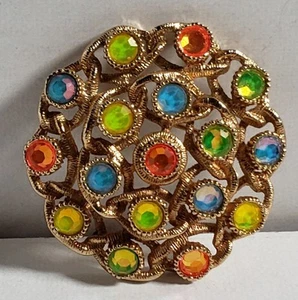 Vintage Sarah Coventry Multi Color Rhinestone Gold Tone Round Brooch Pin - Picture 1 of 4