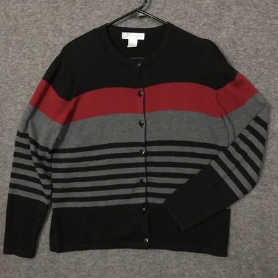 Cárdigan Suéter Dressbarn M Mujer Negro Gris y Rojo Rayas Abotonadas Largo Slv Foto 1 de 4