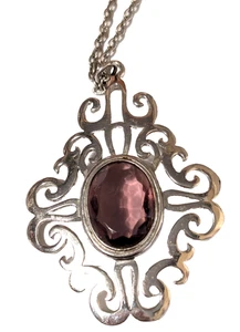 Vintage Sarah Coventry Necklace Large Pendant Purple Glass Silver-tone blu3-37 - Picture 1 of 6