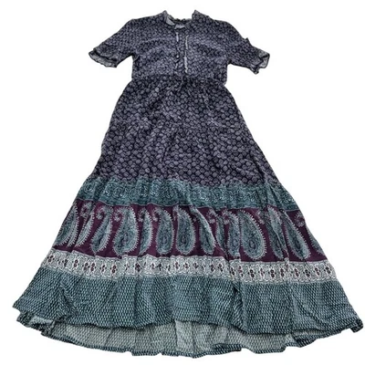 eShakti Dress Womens 6 Purple Blue Boho Paisley Maxi Rayon Cotton India Printed - Image 1 of 4