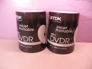 2 TDK Inkjet Printable DVDR 100 Pack 120 min 4.7G NEW Factory Sealed 200 In all - Photo 1/2
