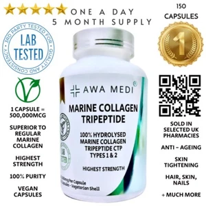 MARINE COLLAGEN CAPSULES 150 x 500,000MCG HYDROLYSED TRIPEPTIDE TYPE 1 & 2 UK#1 - Picture 1 of 11