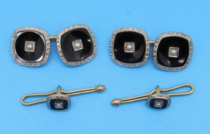 Bracciale smoking vintage oro giallo e bianco 14 carati onice perle set 4 pezzi - Foto 1 di 6