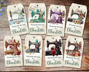 8 etiquetas y cuerdas personalizadas de máquina de coser floral 'hechas a mano con amor' - Imagen 1 de 5
