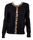 ST. JOHN COLLECTION Black Santana Knit Leopard Trim Cardigan Sweater 8