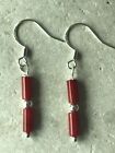 Genuine Red Coral Tubes Earrings - 925 Sterling Silver - Gift Bag - Free P&P