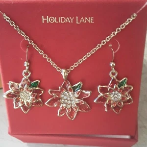 MACY Holiday Lane Necklace Poinseta Pendant Earrings GoldTone Jewelry Gift set - Picture 1 of 7