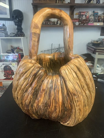 Vintage Big BURL WOOD CARVED BASKET BOWL 16” x 12” SIGNED JK Cover