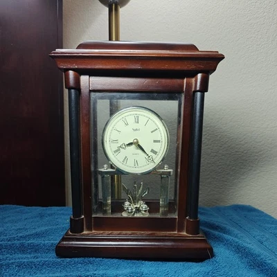  Vintage Stiffel Quarz Mantel Solid Mahogany Wood Glass Clock Rotating Pendulum  - Image 1 of 2