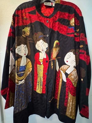 Arte de vestir de inspiración asiática de Chico's (talla 2) - 3 damas y sus pájaros - Excelente Foto 1 de 4