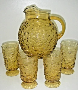 Anchor Hocking Glass MILANO/Lido Honey Gold 5 pc Set Pitcher Tumblers Footed MCM - Picture 1 of 10