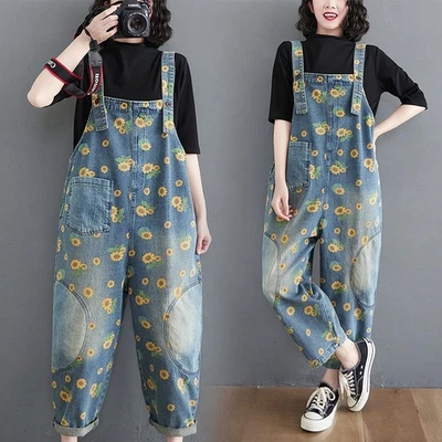 Damen Sonnenblume Bedruckt Denim Latzhose Overall Lätzchen Hose Jeans Freizeit - Bild 1 von 4