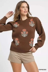 Umgee Strickpullover mit Blumenmuster und Puffärmeln - Bild 1 von 6