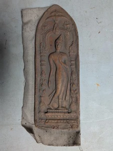 Vtg Terracotta Thai Buddhist Tablet Tile Amulet  Phra Leela The Walking Buddha - Picture 1 of 9