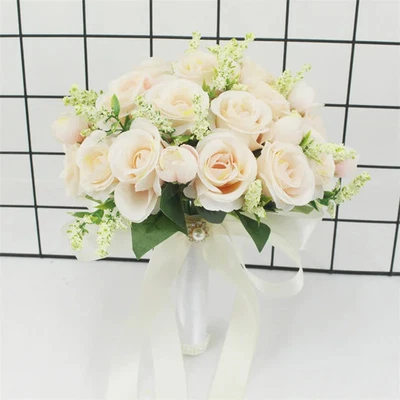White Silk Rose Bridal Bouquet Handmade Artificial Wedding Flowers Bride Decor - Image 1 of 4