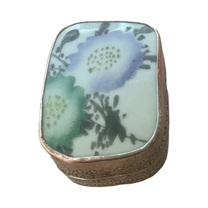Vintage Chinese Flowers Porcelain & Silver Plated Trinket Box 2.5 - Picture 1 of 4