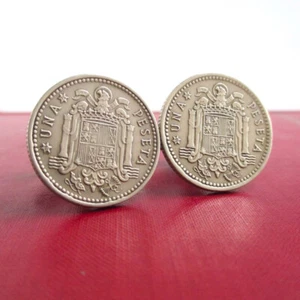 SPAIN Espana Coin Cuff Links - Repurposed Vintage Una Peseta Gold Tone Coins - Picture 1 of 4