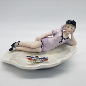 Art Deco German Style Art Nouveau Style Beauty Figurine on Shell Trinket Dish - Picture 1 of 17