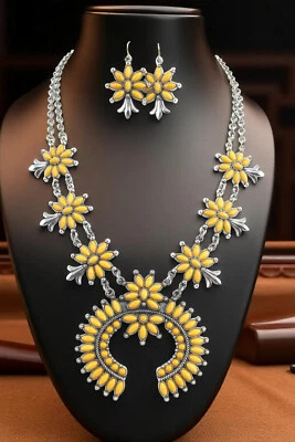 Collar y pendientes bohemios amarillos flor de calabaza llamativos, joyería occidental Foto 1 de 4