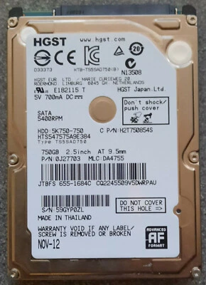Hitachi 750GB HTS547575A9E384 5400RPM 8MB SATA 2.5" Laptop Hard Disk Drive - Image 1 of 4