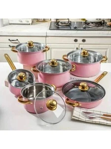 12pc Stainless Steel Non-Stick Cookware - Multi-Color Pans with Glass Lids - Picture 1 of 8