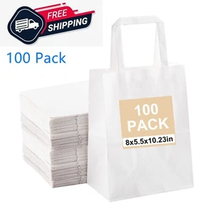 Paquete de 100 bolsas de papel kraft blancas de 8x5,5x10 pulgadas con asas bolsas de regalo a granel negocios - Imagen 1 de 2