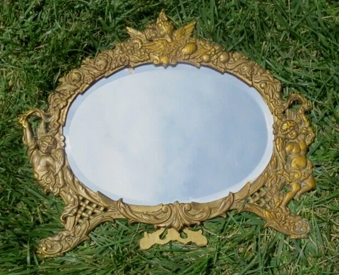 Antique Art Nouveau Heavy Beveled Mirror Cherub Bronze Finish Metal Easel 13x16" Cover