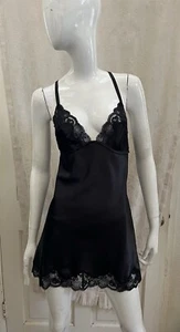 FREDERICK'S OF HOLLYWOOD NEW! Black Satin Criss Cross Strap Chemise Nightie Sz L - Picture 1 of 7