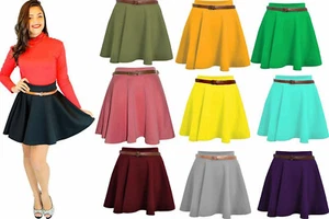 Womens Plain Belted Flared Mini Skater Skirt Ladies Stretch Waist Flippy Skirt - Picture 1 of 21