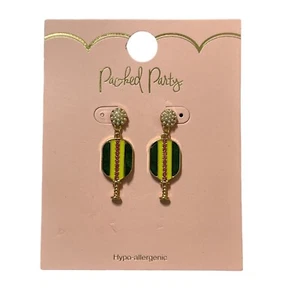Packed Party Earrings Pickle ball Dangle Pickleball Gold Tone Enamel 1.75" New - Picture 1 of 3