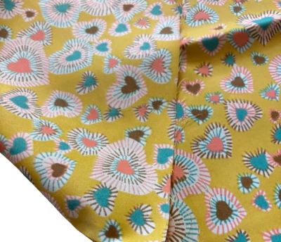 Vintage 60s 70s Sateen Mustard Hippie Love Hearts Mod Gogo Fabric Remnant 44x52 - Image 1 of 4