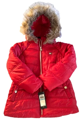 Jaqueta acolchoada Tommy Hilfiger feminina tamanho 5/6 vermelha escarlate pele sintética com capuz Chevron - Imagem 1 de 4