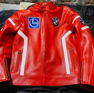 BMW Red Men' Cowhide Leather Motorcycle Motorbike Racing Leather Jacket-All Size - Picture 1 of 8