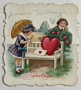 Vtg Germany Valentine Card Girl Umbrella Bench Letter Boy Watching #b9 - Picture 1 of 2