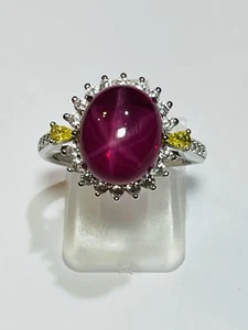 Plus grande bague en argent sterling 925 créée en laboratoire étoile rouge rubis zircone diamants - Photo 1/22