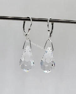 Handmade Sterling Silver Swarovski Crystal Clear Teardrop 8641 Earring Leverback - Picture 1 of 3