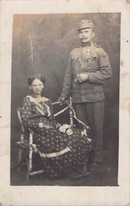 Vintage RPPC Czech Soldier Portrait Smoking Medal Wife World War I Postcard - Picture 1 of 2