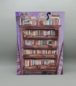 Original Aquarell Illustration eines gemütlichen Bibliotheksregals 21,2 cm x 28,6 cm - Bild 1 von 6