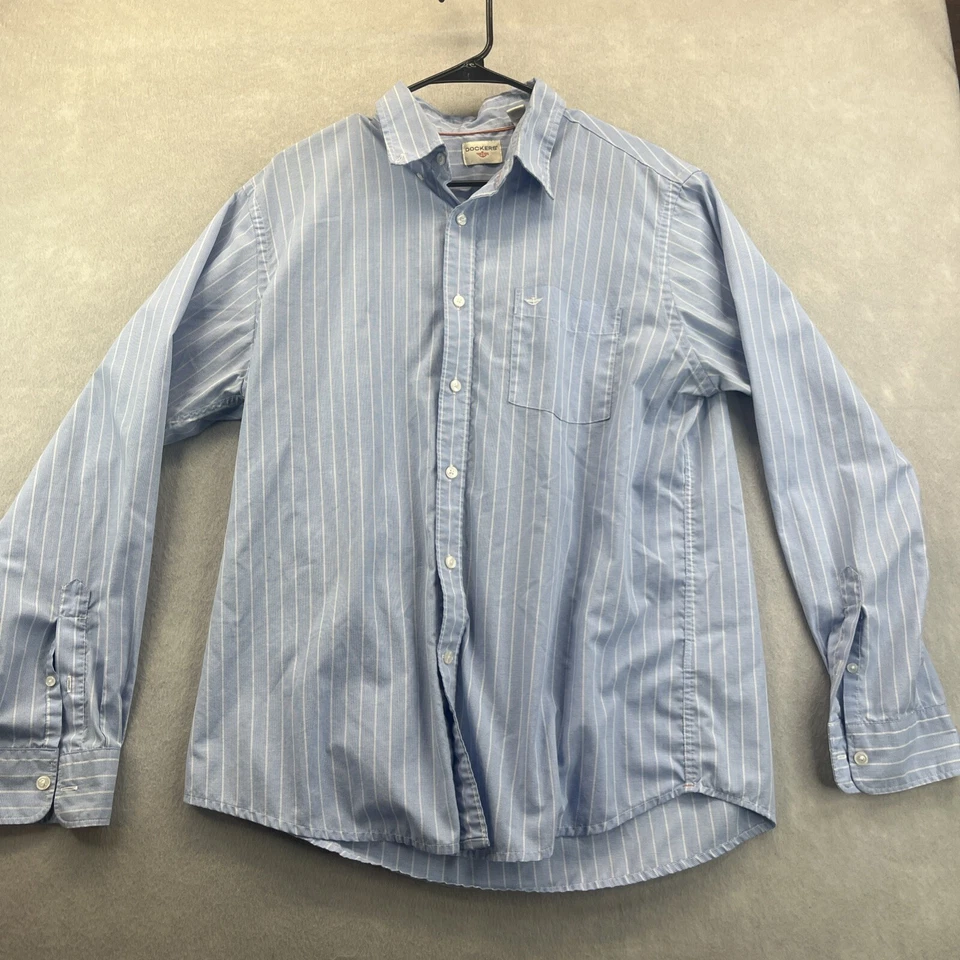 Camisa Dockers Abotonada Para Hombre Grande Manga Larga Azul Blanco Rayas Informal L Foto 1 de 4