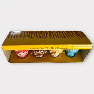Vtg Tiki Shot Glasses Hawaiian Polynesian Faces Cocktail Bar 4 Piece Set NIB - Picture 1 of 8