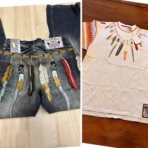 Vintage Y2K Deadstock Akademiks SET jeans piuma ricamati larghi con maglietta 30 - Foto 1 di 19