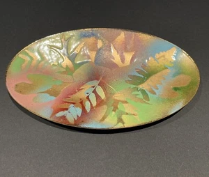 Vintage Signed Enamel Copper Oval Dish Bowl Leaf Design MCM Pastels Oak Fern - Picture 1 of 11
