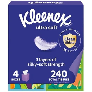Kleenex Ultra Soft Facial Tissues, 4 Cube Boxes, 60 Tissues per Box, 3-Ply (240 - Picture 1 of 9