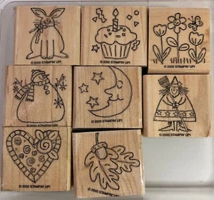 Stampin Up Just for Fun Rubber Stamps Set of 8 Snowman Rabbit Flowers Heart Leaf - Picture 1 of 3