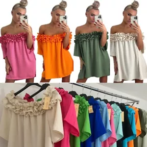 Ladies Elastic Bardot Off Shoulder Frill Ruffle Bubble Summer Holiday Blouse Top - Picture 1 of 15