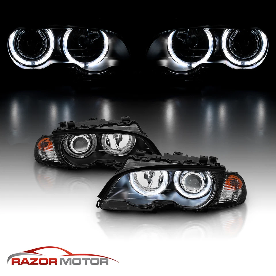 2000-2003 Dual Halo Black Projector Headlights Pair For BMW E46 3-Series Coupe Foto 1 de 4