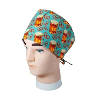Men's Tie Back Scrub Hat, Novelty Beer & Pretzels, OR hat, Chemo Cap, Cook's Hat - Picture 1 of 5