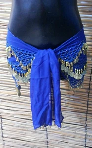 Ägyptischer Bauchtanz Halstuch Tribal blau Gürtel Hüftschal Rock Goldmünzen Perlen - Bild 1 von 4